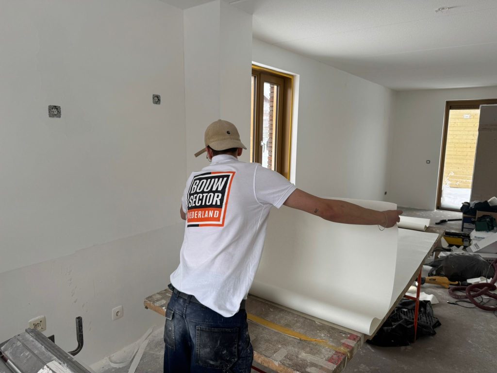 Behanger van Bouwsector Nederland rolt een baan vlies uit op de plaktafel in een nieuwbouwwoning