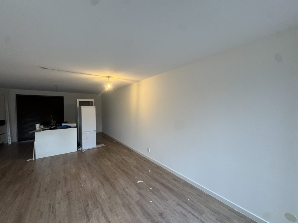 Lange gladde witte wand in een woonkamer met laminaatvloer en keukenblok
